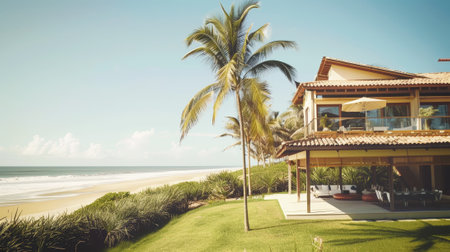 Luxury beach villa with sea view. Terrace in modern design. Vacation home for big family. Generative AI.の素材