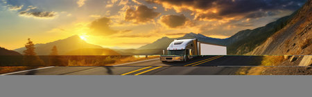 Panoramic view on large truck on a highway road through the countryside in a beautiful sunrise. Generative AI.の素材