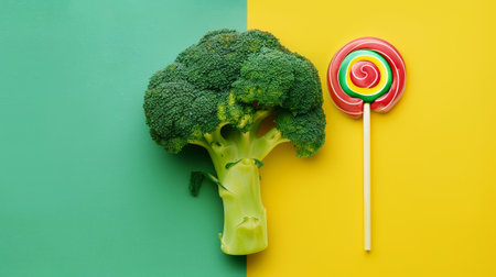 Broccoli and lollipop on a blue-pink split background. Healthy versus junk food. Diet concept. Generative AI.の素材