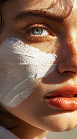 Close-up of young caucasian girl with aesthetic rough smear of face cream. Light background with sun rays. Generative AI.の素材