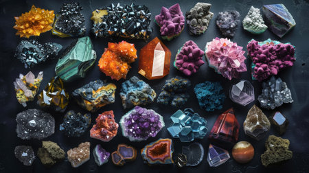 Top view of a large geological collection of semi-precious stones, stones and minerals. Dark background. Generative AI.の素材