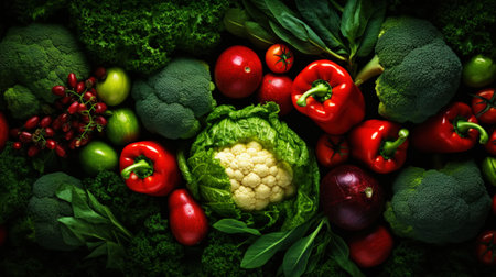 Fresh organic vegetables and herbs background. Healthy Mediterranean diet. Dark background. Holistic nutrition concept. Generative AI.の素材
