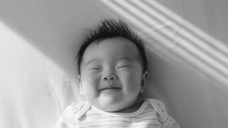 Aesthetic portrait of Asian newborn baby smiling while sleeping. Light colors, sunlight and shadows. Generative AI.の素材