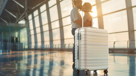 Trendy suitcase in empty departure airport hall against the backdrop of a kissing couple. Travel concept. Generative AI.の素材
