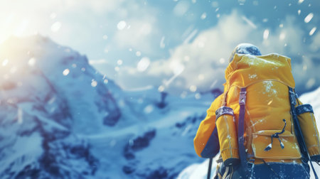 View from back on fully equipped mountaineer in the snowy mountains. Snow storm. Alpinism concept. Generative AI.の素材