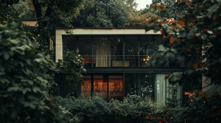 Exterior of dark luxury villa surrounded with trees. Terrace in modern design. Quiet place for live. Generative AI.の素材