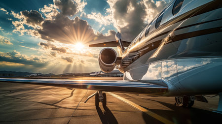Close-up of turbine engine of a private luxury jet aircraft on the runway. Luxury travel concept. Generative AI.の素材