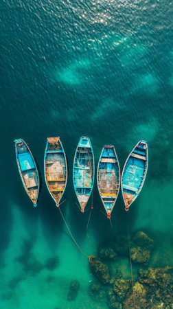 Top view of retro fishing boats in blue clear ocean. Shade from the sun's rays. Ocean still life concept. Generative AI.の素材