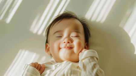 Aesthetic portrait of Asian newborn baby smiling while sleeping. Light colors, sunlight and shadows. Generative AI.の素材