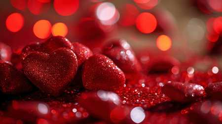 Close up of red glitter hearts on sparkling background. Copy space. Valentines Day. Romantic Concept. Generative AI.の素材