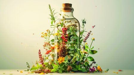 Variety of medicinal herbs and flowers in a bottle. Alternative herbal medicine. Homeopathic concept. Generative AI.の素材