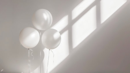 Aesthetic light background with three white balloons. Greeting anniversary card concept. Copy space. Generative AI.の素材