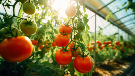 Ripe red tomatoes cluster in greenhouse. Vegetable on organic farm concept. Generative AI.の素材