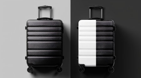 Two trendy travel suitcases on black and white split background. Top view. Travel concept. Generative AI.の素材