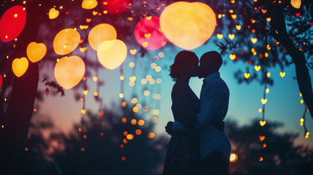 American African couple kissing against the background of bokeh of hearts. Romantic night. Love engagement concept. Generative AI.の素材