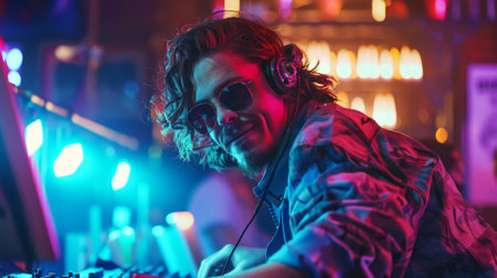 Portrait of a stylish DJ on a fiesta background. Neon disco lights. Party nightclub concept. Generative AI.の素材