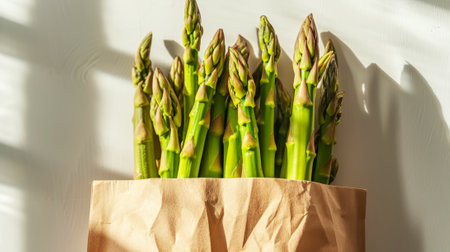 Fresh green asparagus in a paper bag on a white background. Healthy organic food concept. Generative AI.の素材
