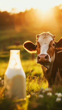 A well-groomed cow on a green meadow on a sunny day. Organic dairy products concept. Agricultural landscape. Generative AI.の素材