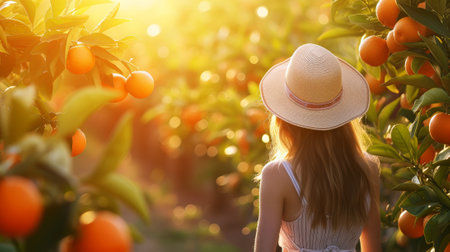 Girl in straw hat walks along rows of orange trees at sunset. Organic tangerine harvest. View from back. Generative AI.の素材