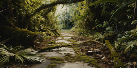 Empty wide abandoned jungle path with fallen trees. Road is covered in moss, ivy and jungle plants. Adventure. Generative AI.の素材