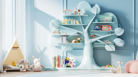 Children's interior with tree-shaped bookshelves. Storage concept. Pastel blue colors. Generative AI.の素材