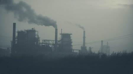 Industry plant landscape with smoke smog emissions. Bad ecology cocnept. Generative AI.の素材