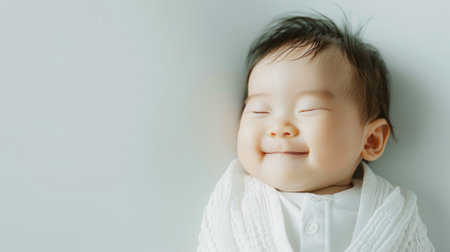 Aesthetic portrait of Asian newborn baby smiling while sleeping. Light colors, sunlight and shadows. Generative AI.の素材