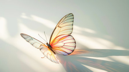 Fragile pastel colored butterfly on a light background with shadows. Aesthetic nature concept. Generative AI.の素材