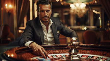 Young man stylish plays roulette. Luxury casino concept. Betting concept. Generative AI.の素材