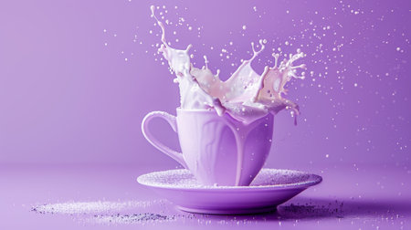 Milk cream exploding with splashes from cup. Coffee concept. Pastel violet bright background, copy space. Generative AI.の素材
