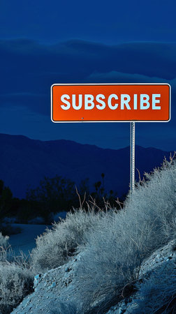 Red signpost with the words Subscribe against the night landscape backdrop. Subscribe button concept. Generative AI.の素材