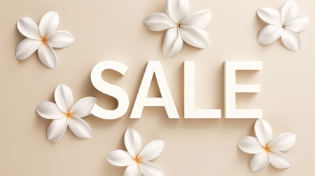 SALE sign in white letters surrounded by white spring flowers. Beige background. Adv concept. Generative AI.の素材