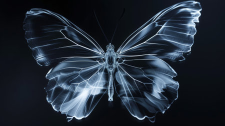 X-ray image of a butterfly on a black background. Anatomy of insects. Aesthetic nature concept. Generative AI.の素材