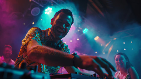 Portrait of a stylish DJ on a fiesta background. Neon disco lights. Party nightclub concept. Generative AI.の素材