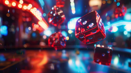 Close-up of gaming dice and chips against the backdrop of a luxury casino. Betting concept. Generative AI.の素材