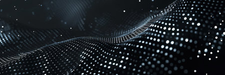Futuristic aesthetic wave background made of different sizes dots. Digital signal concept. Black colors. Generative AI.の素材