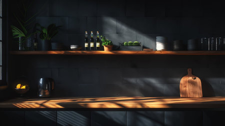 Wooden black scandinavian kitchen storage organization. Perfect open shelves in dark modern kitchen. Generative AI.の素材