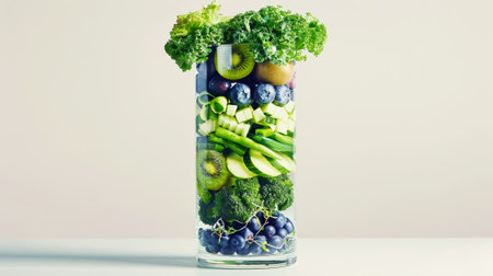 Various fruits and green vegetables in tall thin glass cup. Healthy vegan smoothie concept. Light backdrop. Generative AI.の素材