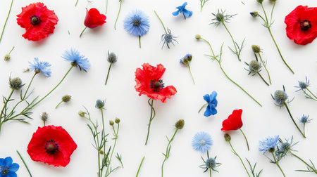 Top view of fresh red poppies, blue and yellow wildflowers. Light background. Boho style. Generative AI.の素材