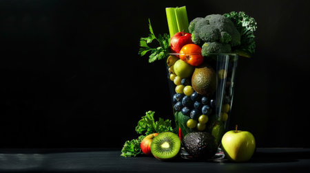 Various fruits and green vegetables in tall thin glass cup. Healthy vegan smoothie concept. Dark backdrop. Generative AI.の素材