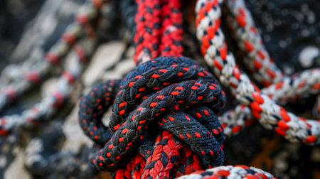 Strong climbing knot with red and black colored ropes on bokeh background. Team building concept. Generative AI.の素材