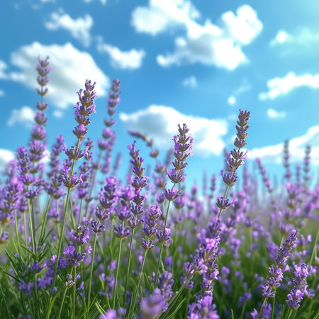 Close-up of lavender flowers against a blue sky. Aromatherapy and organic cosmetics concept. Generative AI.の素材