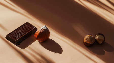 Peeled hazelnuts and delicious piece of dark chocolate on aesthetic dark brown background. Chocolate ad. Generative AI.の素材