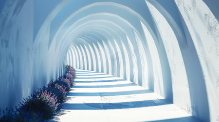 Aesthetic arched tunnel with red flowers and shadows in garden on sunny day. Romantic elegant background. Generative AI.の素材