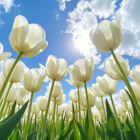 Close-up of white tulips field against blue sky background. Spring landscape concept. Generative AI.の素材