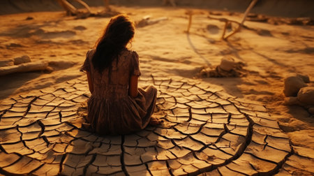 Girl sits on cracked ground near a dry river. Drought concept. Water crisis and arid environment. Generative AI.の素材