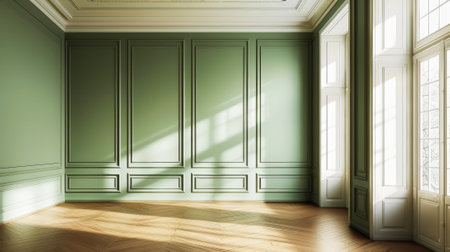 Aesthetic empty scandinavian style interior with wide room with green wall moldings and high wood ceiling. Generative AI.の素材