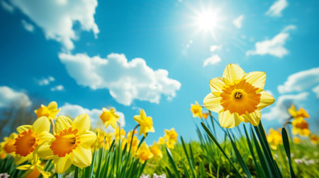 Close-up of yellow daffodil flowers blooming in spring. Bokeh sunny background. Spring landscape concept. Generative AI.の素材