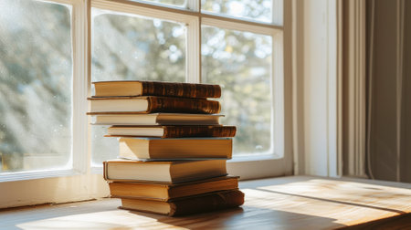 Aesthetic minimalist stack of books in front of a window in a library. Light color palette. Sun rays. Generative AI.の素材