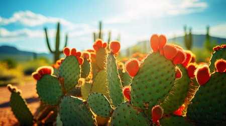 Close-up of different cacti against a desert background. Sweltering heat. Desert landscape. Generative AI.の素材